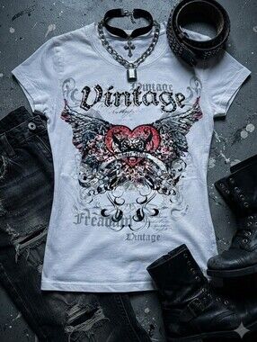 Eevee White Black Embellished Rhinestones Red Heart With Wings Fitted Tee Shirt